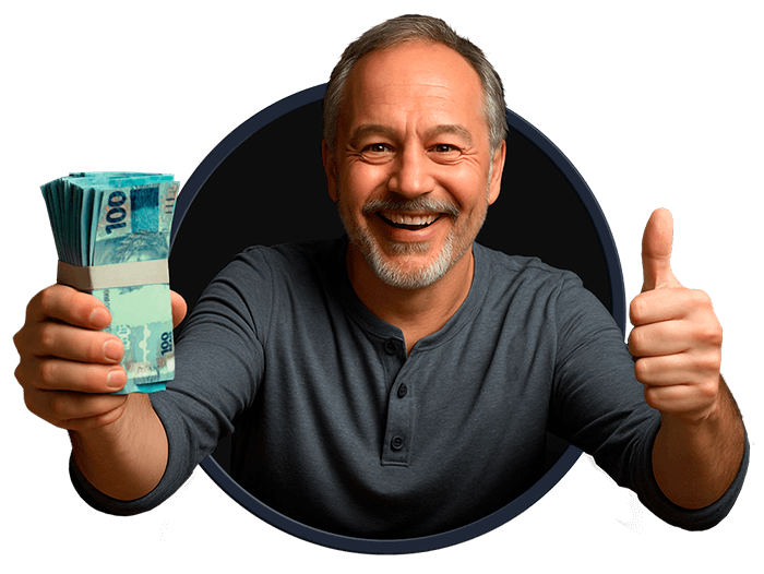 Homem com dinheiro na mão, simboliza crédito fácil e rápido